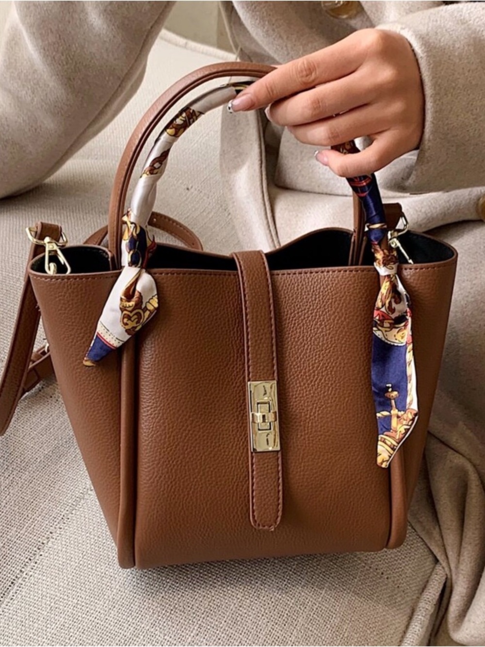 Amazon Brown Crossbody Tote with Scarf-Detail Handles